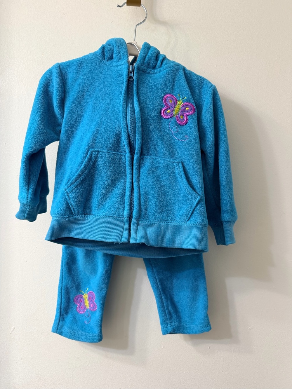 Toddler Blue Fleece Jacket & Pants Set with Butterfly Appliqué